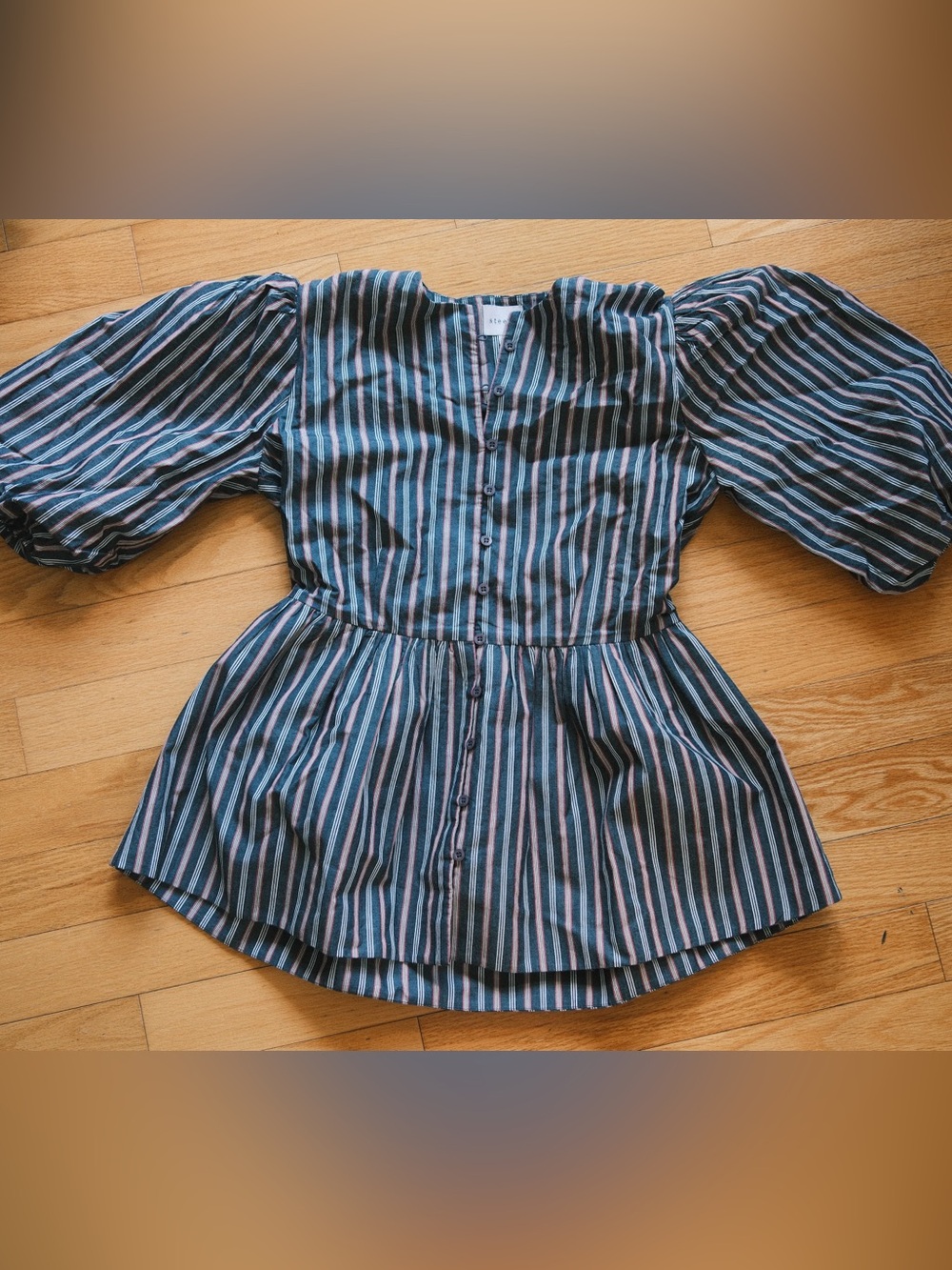 Striped Puff-Sleeve Top in Navy and Pink